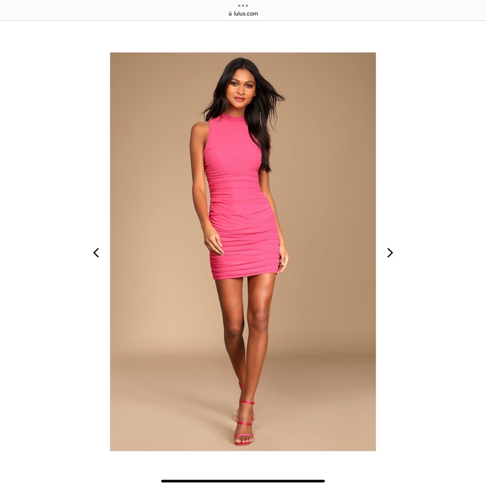 Lulu’s Modern Movement Hot Pink Mesh Ruched Mock Neck MiniDress, Size small, NWT